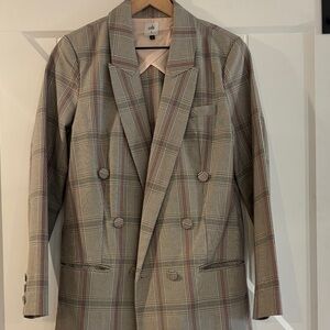 CAbi Plaid Blazer in Taupe, Burgundy and Cream